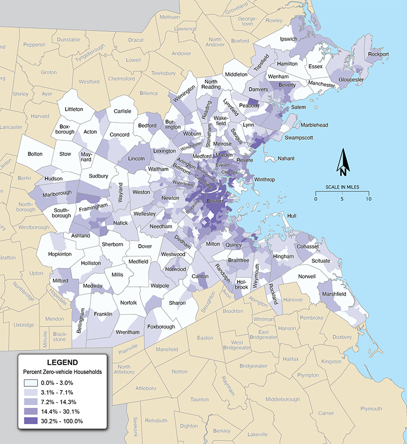 Figure 3b shows the percent of zero-vehicle households living in each Census tract in the Boston MPO region in 2016–20. 